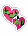 A sticker featuring 2 bright pink hearts with the text "adderall & advil" in bright green.