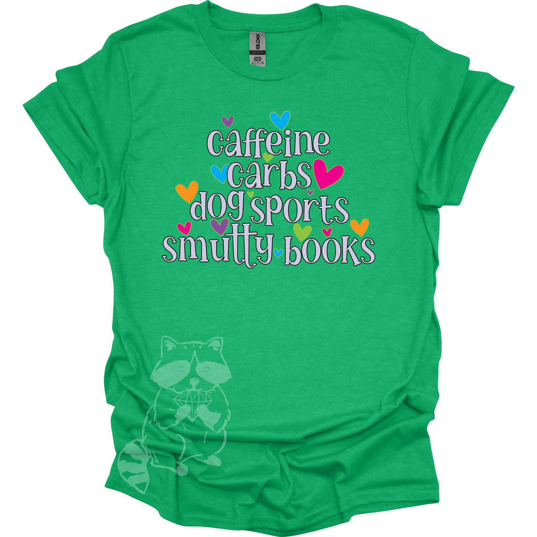 Caffeine Carbs Dog Sports Smutty Books T-Shirt
