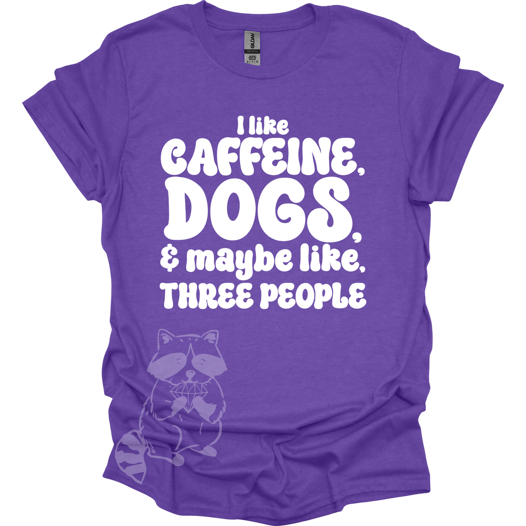 Ready to Ship! Caffeine, Dogs, and 3 People on purple- size XL