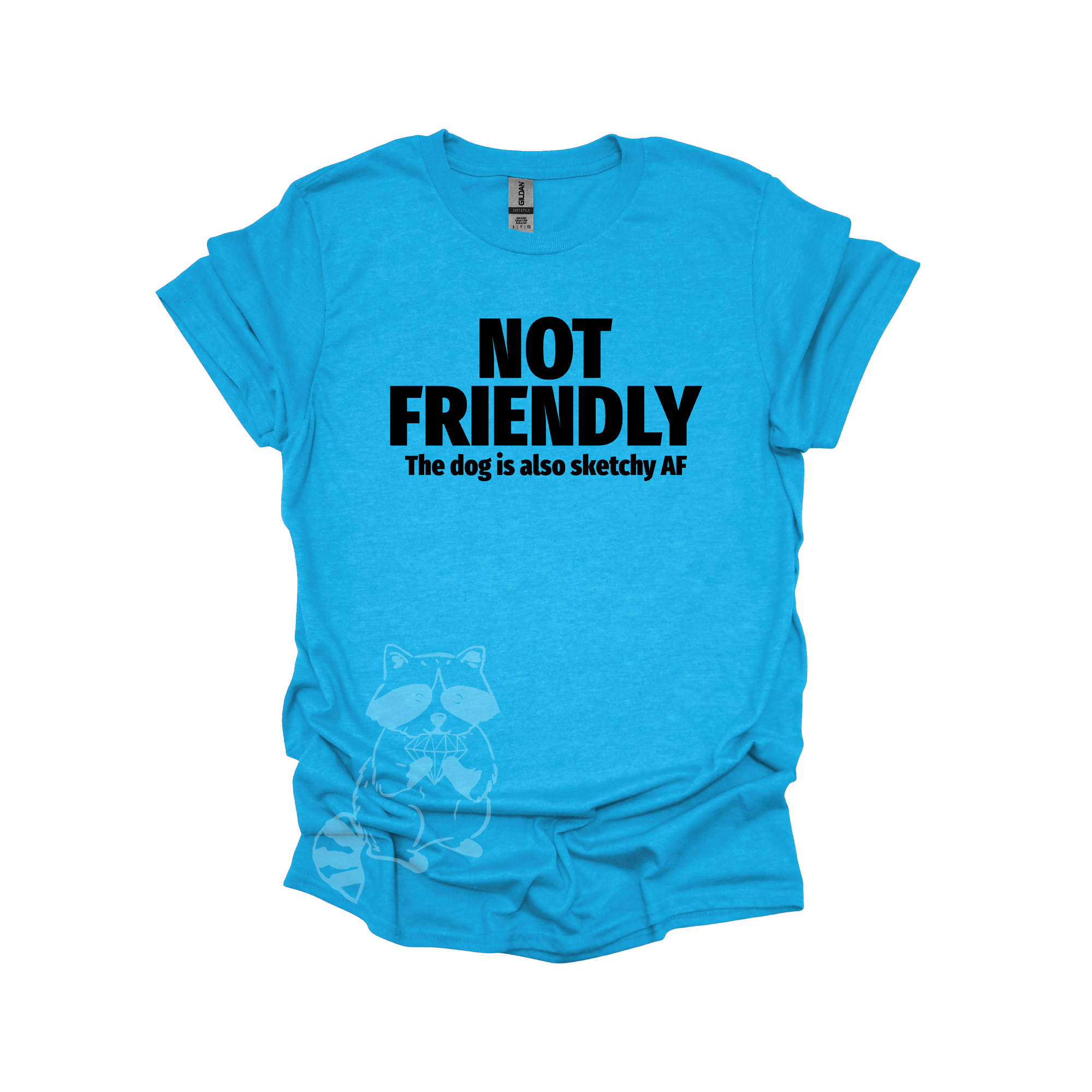 A bright blue shirt with the text "NOT FRIENDLY the dog is also sketchy af" printed in black.