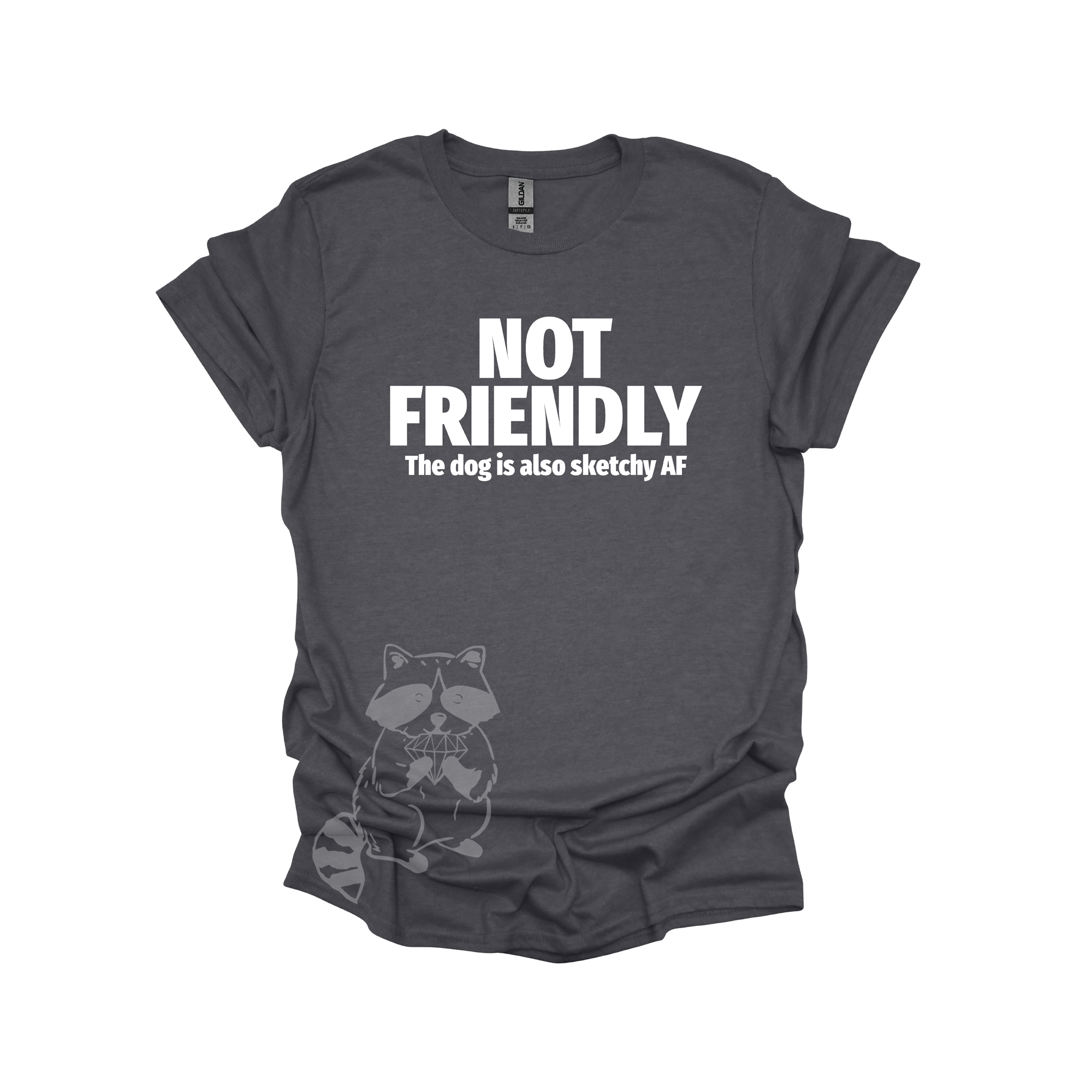 A grey t-shirt with the text "NOT FRIENDLY the dog is also sketchy af" printed in white.